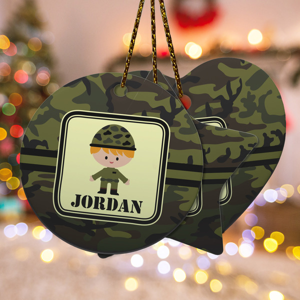 Custom Green Camo Ceramic Ornament w/ Name or Text