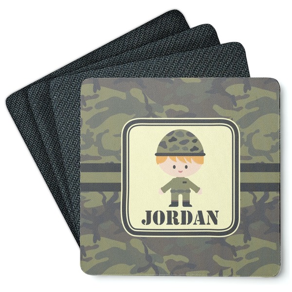 Custom Green Camo Square Rubber Backed Coasters - Set of 4 (Personalized)