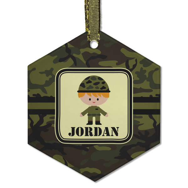 Custom Green Camo Flat Glass Ornament - Hexagon w/ Name or Text