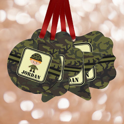 Green Camo Metal Ornaments - Double Sided w/ Name or Text