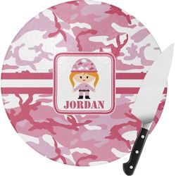 Pink Camo Round Glass Cutting Board - Small (Personalized)