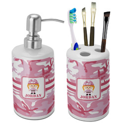 Pink Camo Ceramic Bathroom Accessories Set (Personalized)