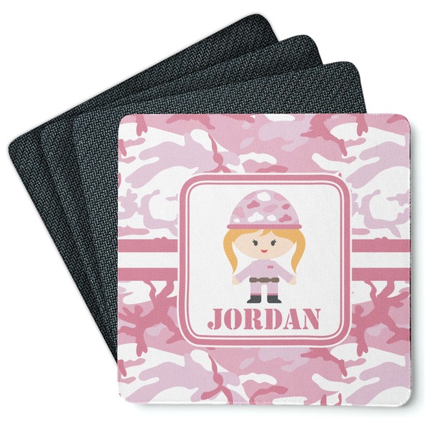 Custom Pink Camo Square Rubber Backed Coasters - Set of 4 (Personalized)