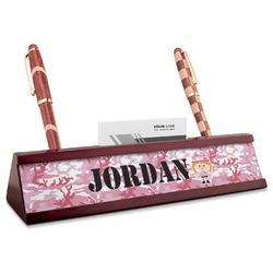 Pink Camo Red Mahogany Nameplate with Business Card Holder (Personalized)