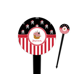 Pirate & Stripes 4" Round Plastic Food Picks - Black - Single Sided (Personalized)