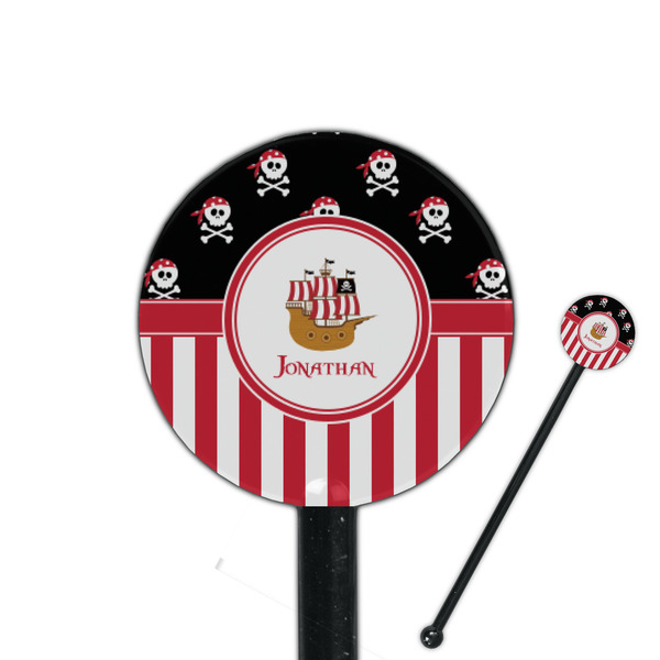 Custom Pirate & Stripes 5.5" Round Plastic Stir Sticks - Black - Double Sided (Personalized)