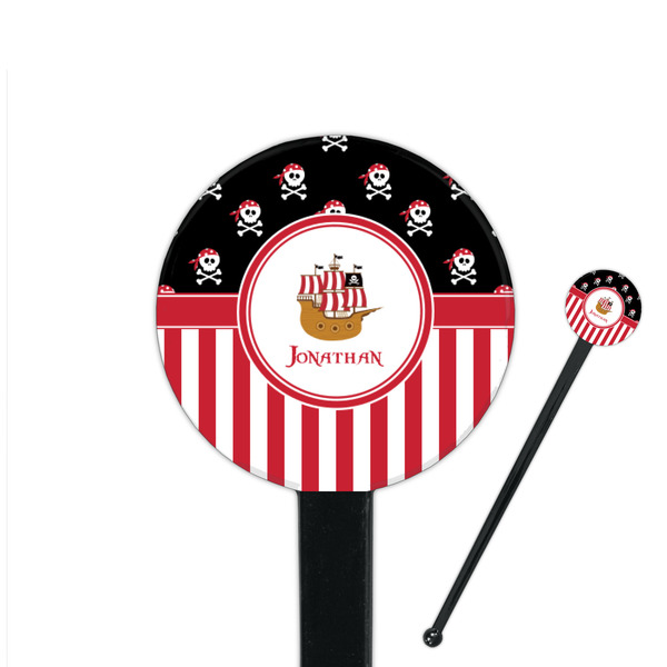 Custom Pirate & Stripes 7" Round Plastic Stir Sticks - Black - Single Sided (Personalized)