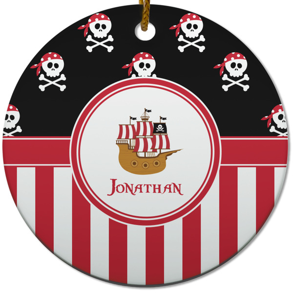 Custom Pirate & Stripes Round Ceramic Ornament w/ Name or Text