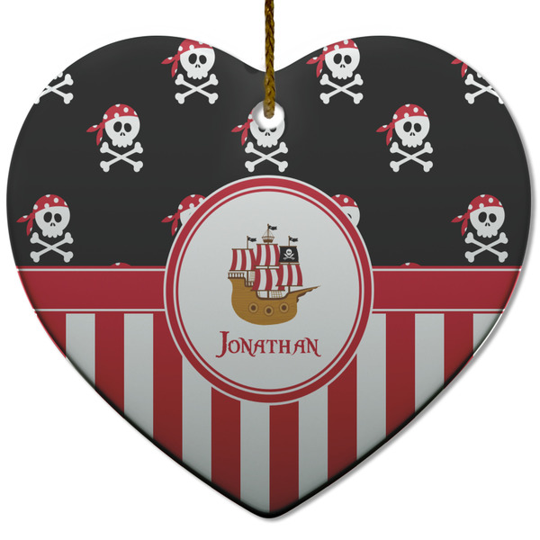 Custom Pirate & Stripes Heart Ceramic Ornament w/ Name or Text