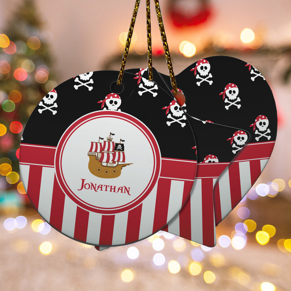 Custom Pirate & Stripes Ceramic Ornament w/ Name or Text