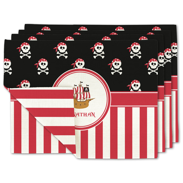 Custom Pirate & Stripes Double-Sided Linen Placemat - Set of 4 w/ Name or Text