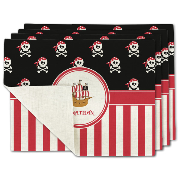 Custom Pirate & Stripes Single-Sided Linen Placemat - Set of 4 w/ Name or Text