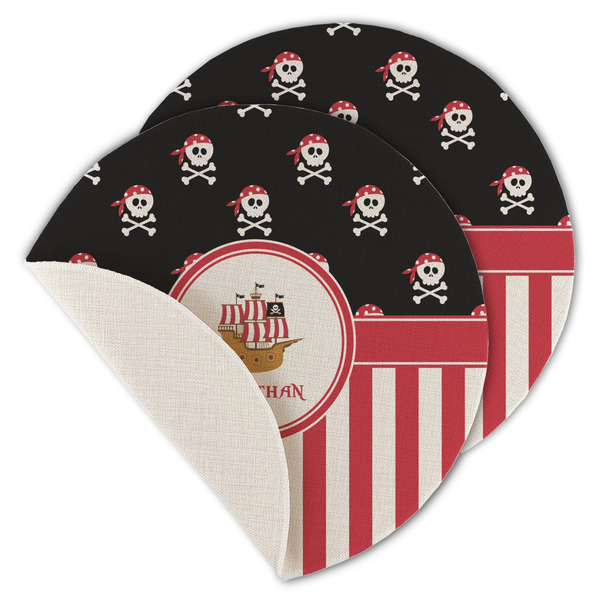 Custom Pirate & Stripes Round Linen Placemat - Single Sided - Set of 4 (Personalized)