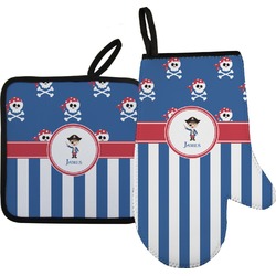 Blue Pirate Right Oven Mitt & Pot Holder Set w/ Name or Text