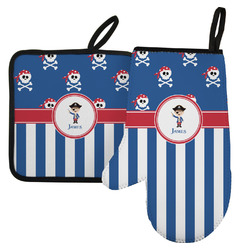 Blue Pirate Left Oven Mitt & Pot Holder Set w/ Name or Text