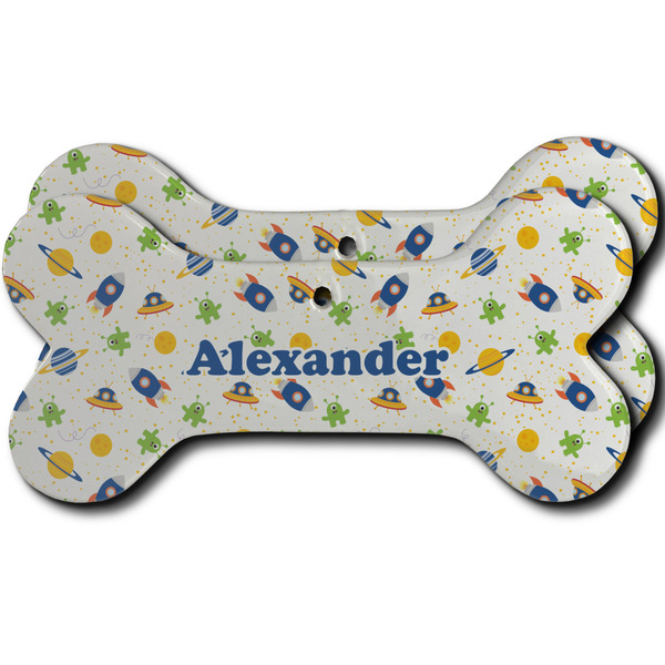 Custom Boy's Space Themed Ceramic Dog Ornament - Front & Back w/ Name or Text