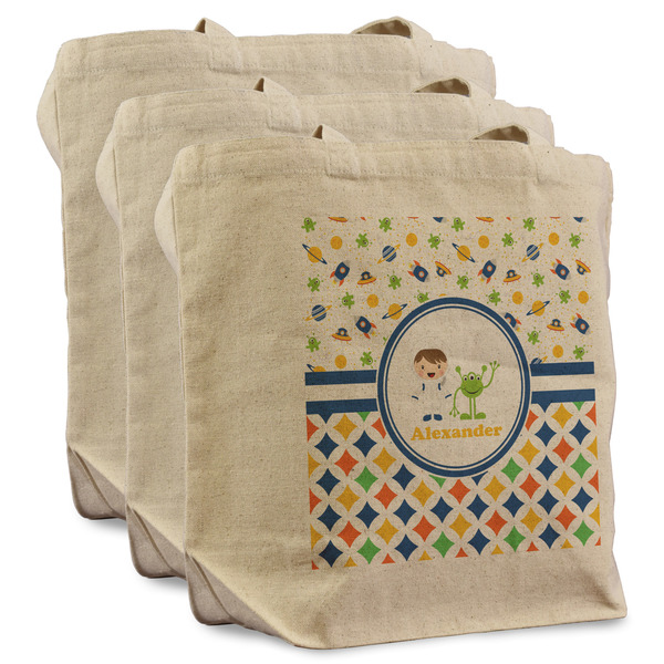 Custom Boy's Space & Geometric Print Reusable Cotton Grocery Bags - Set of 3 (Personalized)