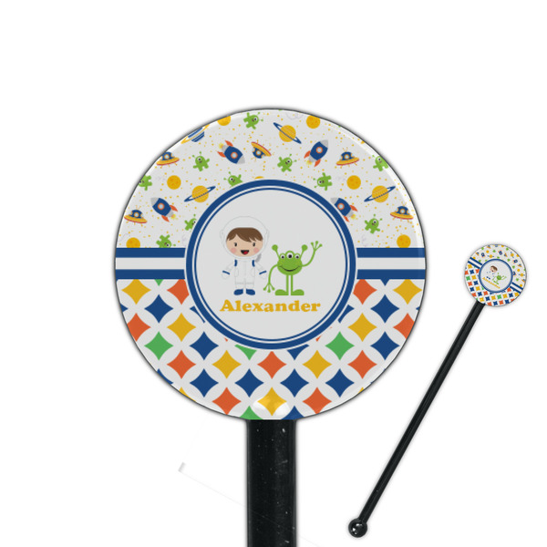 Custom Boy's Space & Geometric Print 5.5" Round Plastic Stir Sticks - Black - Double Sided (Personalized)