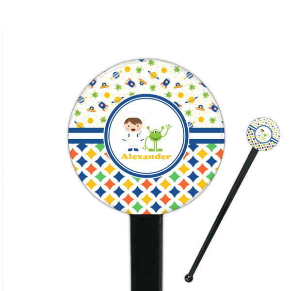 Custom Boy's Space & Geometric Print 7" Round Plastic Stir Sticks - Black - Double Sided (Personalized)