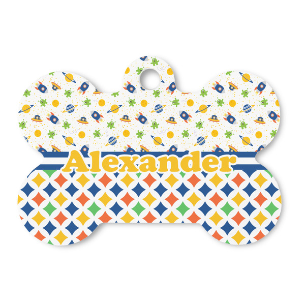 Custom Boy's Space & Geometric Print Bone Shaped Dog ID Tag (Personalized)