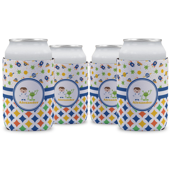 Custom Boy's Space & Geometric Print Can Cooler (12 oz) - Set of 4 w/ Name or Text