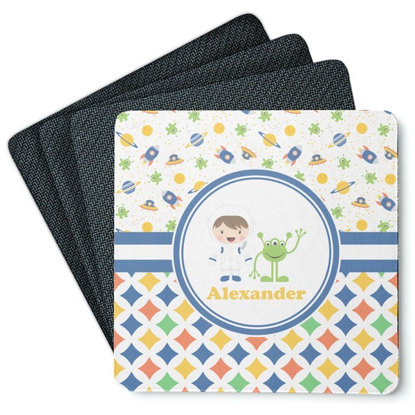 Custom Boy's Space & Geometric Print Square Rubber Backed Coasters - Set of 4 (Personalized)