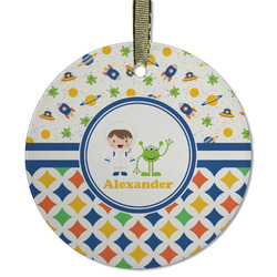 Boy's Space & Geometric Print Flat Glass Ornament - Round w/ Name or Text