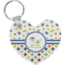 Boy's Space & Geometric Print Heart Plastic Keychain w/ Name or Text