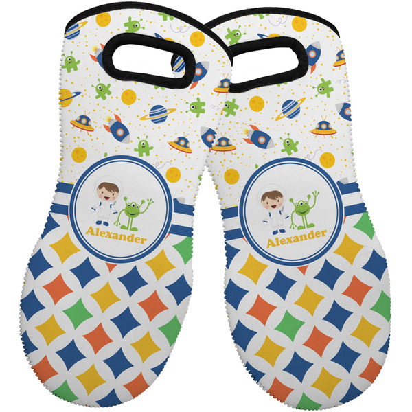 Custom Boy's Space & Geometric Print Neoprene Oven Mitts - Set of 2 w/ Name or Text