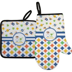 Boy's Space & Geometric Print Right Oven Mitt & Pot Holder Set w/ Name or Text