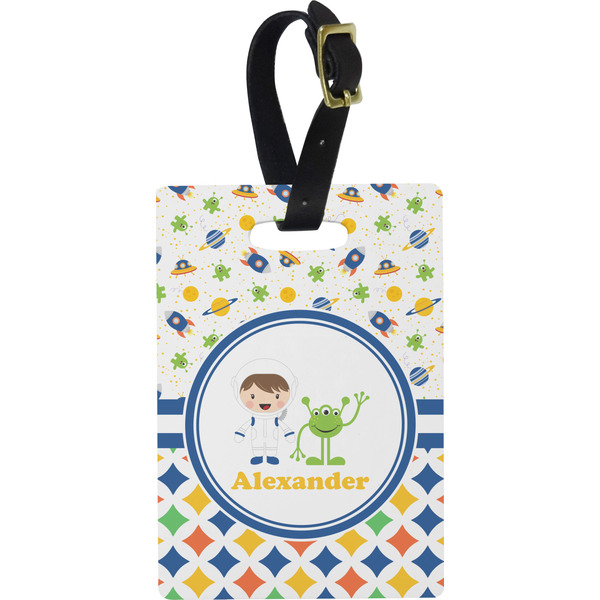 Custom Boy's Space & Geometric Print Plastic Luggage Tag - Rectangular w/ Name or Text