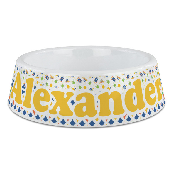 Custom Boy's Space & Geometric Print Plastic Dog Bowl - Large (Personalized)