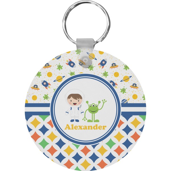 Custom Boy's Space & Geometric Print Round Plastic Keychain (Personalized)