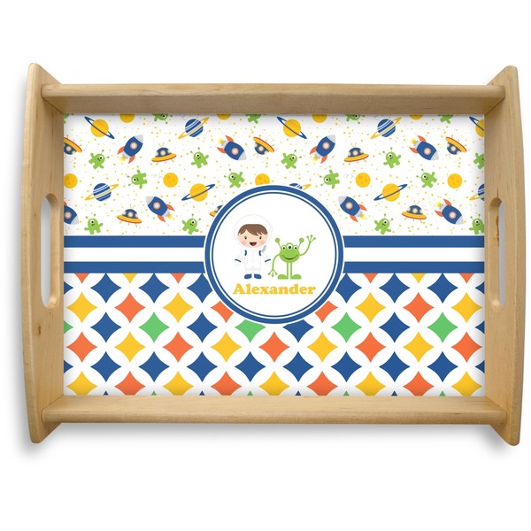 Custom Boy's Space & Geometric Print Natural Wooden Tray - Large (Personalized)