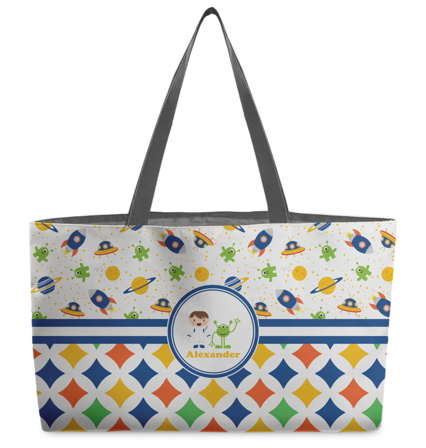 Custom Boy s Space Geometric Print Beach Totes Bag w Black Handles Personalized