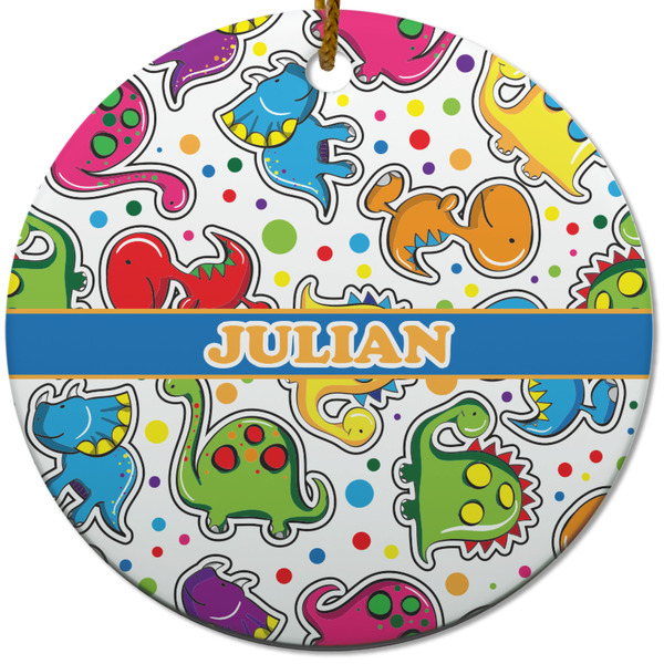 Custom Dinosaur Print Round Ceramic Ornament w/ Name or Text