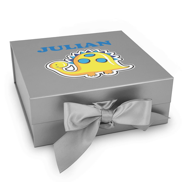 Custom Dinosaur Print Gift Box with Magnetic Lid - Silver (Personalized)