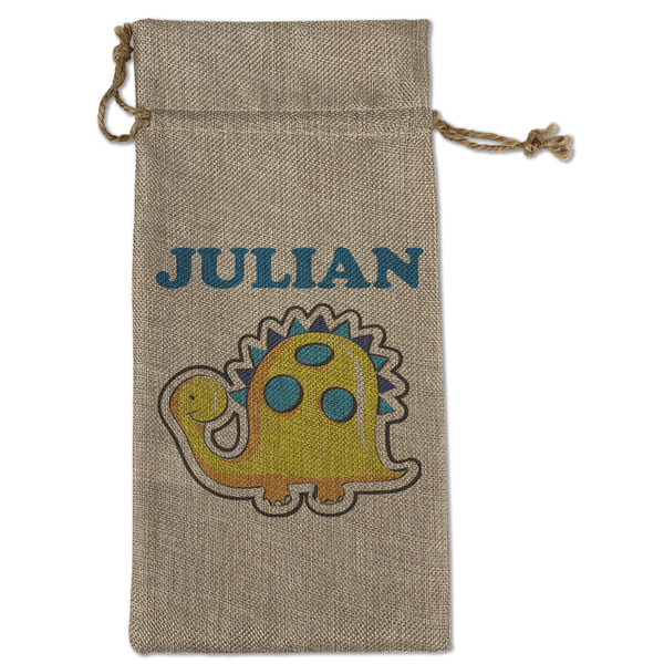 Custom Dinosaur Print Large Burlap Gift Bag - Front (Personalized)