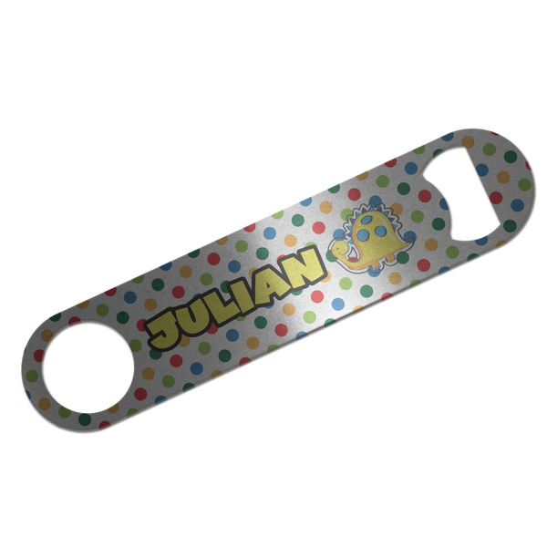 Custom Dots & Dinosaur Bar Bottle Opener - Silver w/ Name or Text