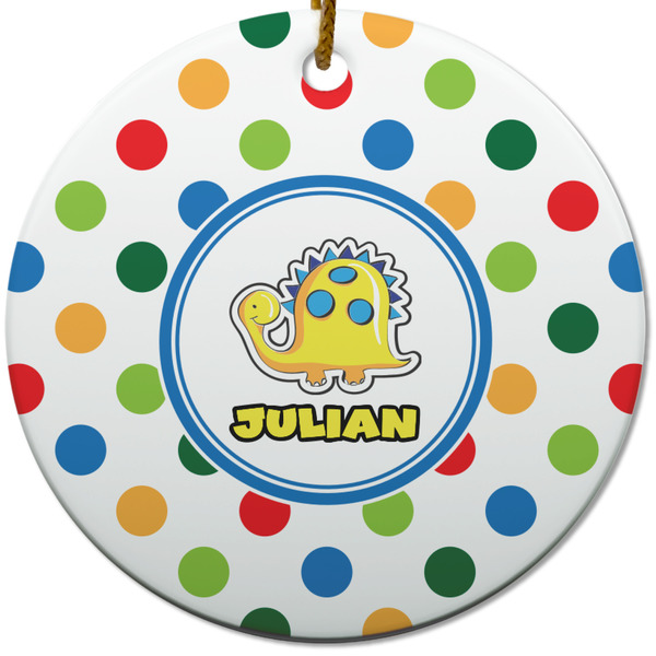 Custom Dots & Dinosaur Round Ceramic Ornament w/ Name or Text