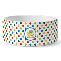 Dots & Dinosaur Ceramic Dog Bowl - Medium (Personalized)
