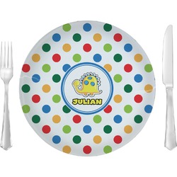 Dots & Dinosaur Glass Lunch / Dinner Plate 10" (Personalized)