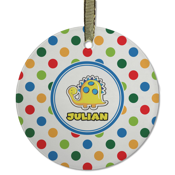 Custom Dots & Dinosaur Flat Glass Ornament - Round w/ Name or Text