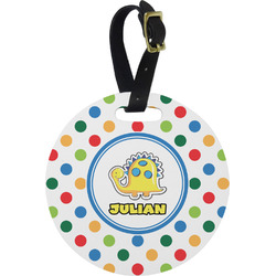 Dots & Dinosaur Plastic Luggage Tag - Round (Personalized)