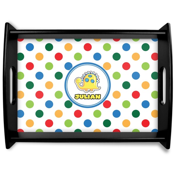 Custom Dots & Dinosaur Black Wooden Tray - Large (Personalized)