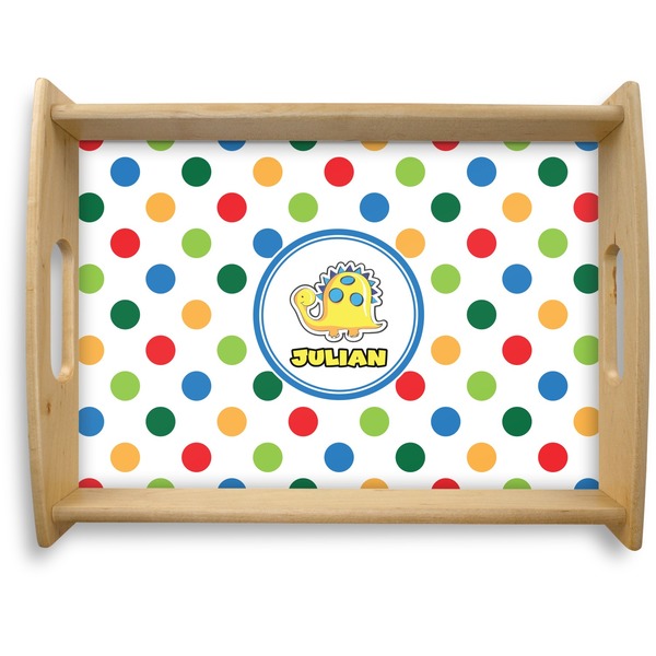 Custom Dots & Dinosaur Natural Wooden Tray - Large (Personalized)