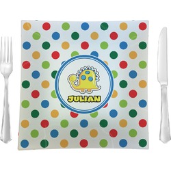 Dots & Dinosaur Glass Square Lunch / Dinner Plate 9.5" (Personalized)