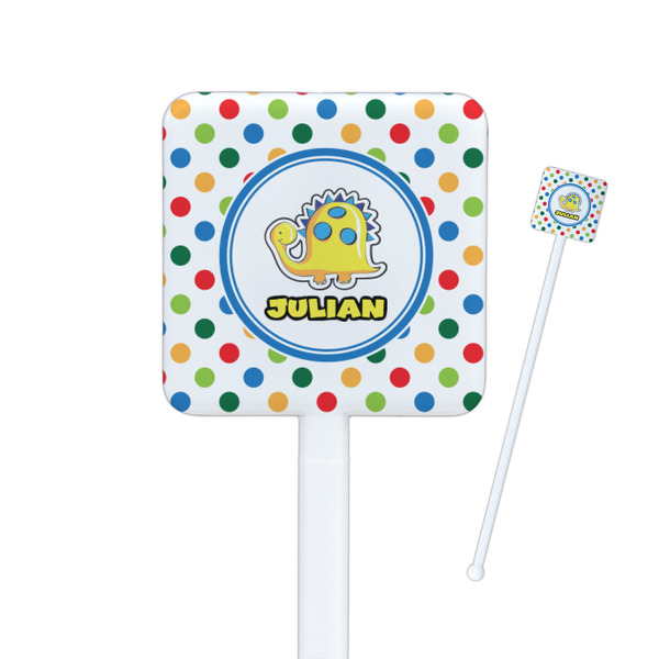 Custom Dots & Dinosaur Square Plastic Stir Sticks - Double Sided (Personalized)