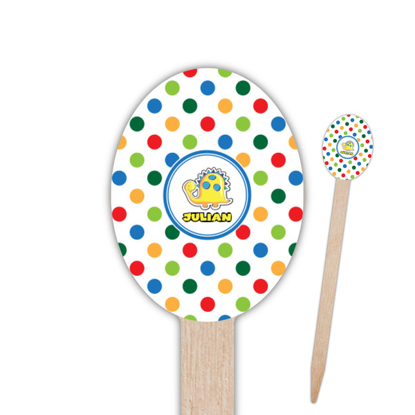 Custom Dots & Dinosaur Oval Wooden Food Picks - Double Sided (Personalized)