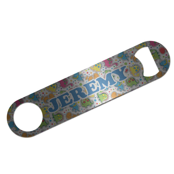 Custom Dinosaur Print & Dots Bar Bottle Opener - Silver w/ Name or Text